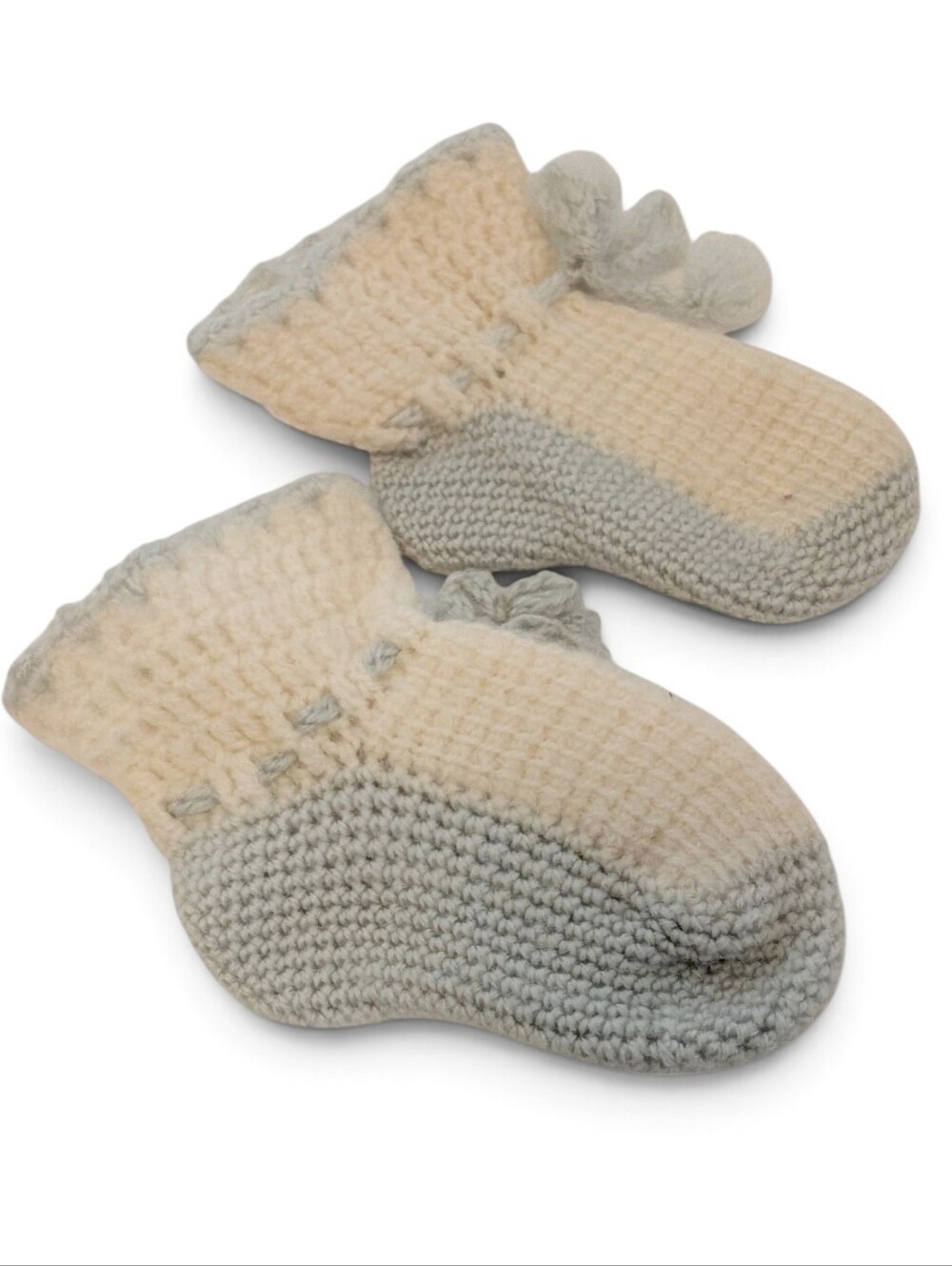 VINTAGE Baby Knit Booties Soft Wool Socks Crochet Cream Powder Blue 0